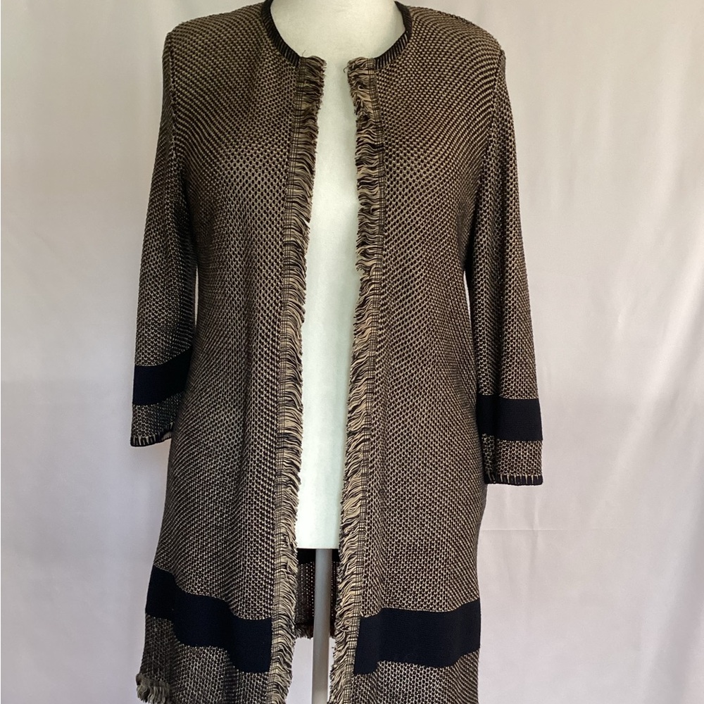 Kasper Brown and Black Fringe-Trim Open Cardigan